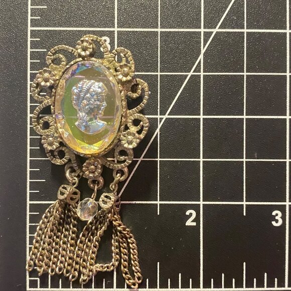 Iridescent Glass Cameo Brooch Intaglio Tassel Dangle Silver Tone Filigree AB Pin - Picture 7 of 13
